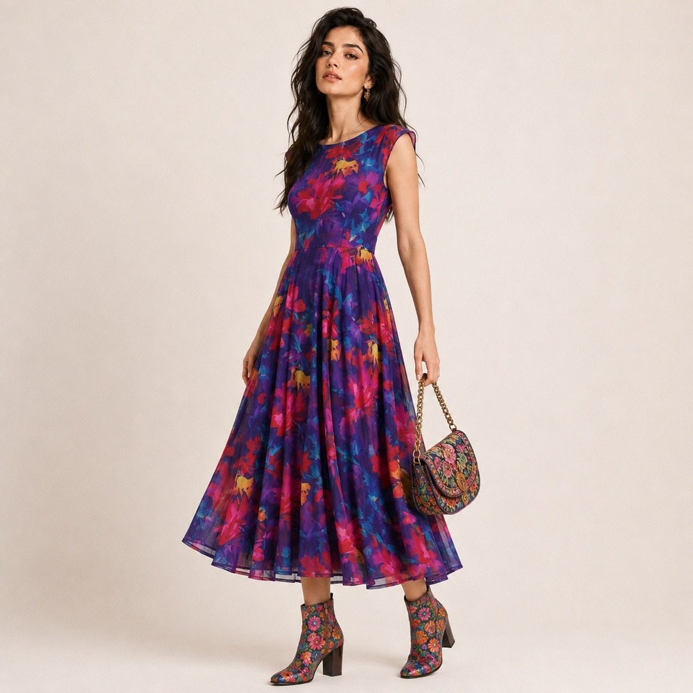 Simplee Floral Mesh a line Dress S